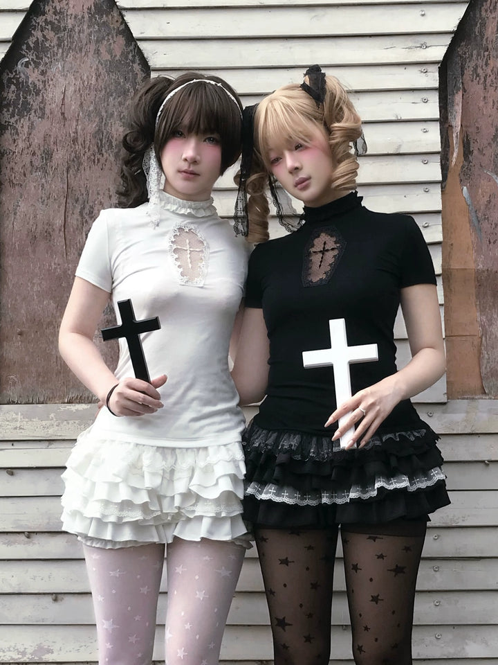 Gothic Cross-Detailed T-shirt & Tiered Ruffle Bloomers 43079:764558