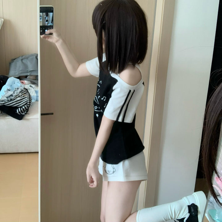 Kawaii Summer Music Time Printed T-shirt, Shorts With Pockets 42904:757279
