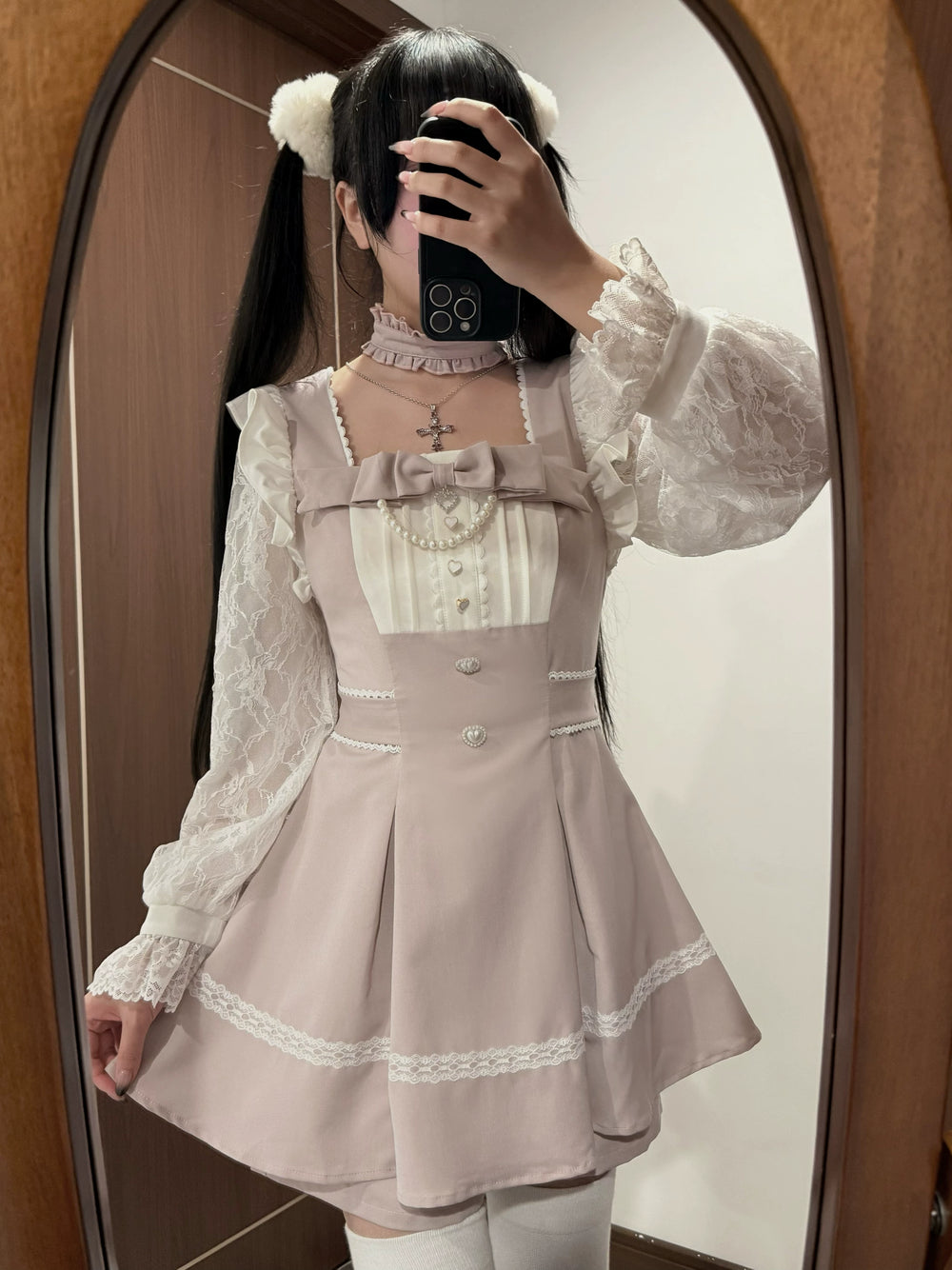 Ryousangata Lace Sleeves Dress, Pintucks and Pearl Chain (L M S XL) 45103:834967
