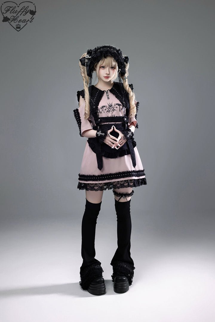 Cotton Sub Jirai Kei T-Shirt Dress, Pointed Collar, Open Shoulder 43373:774840