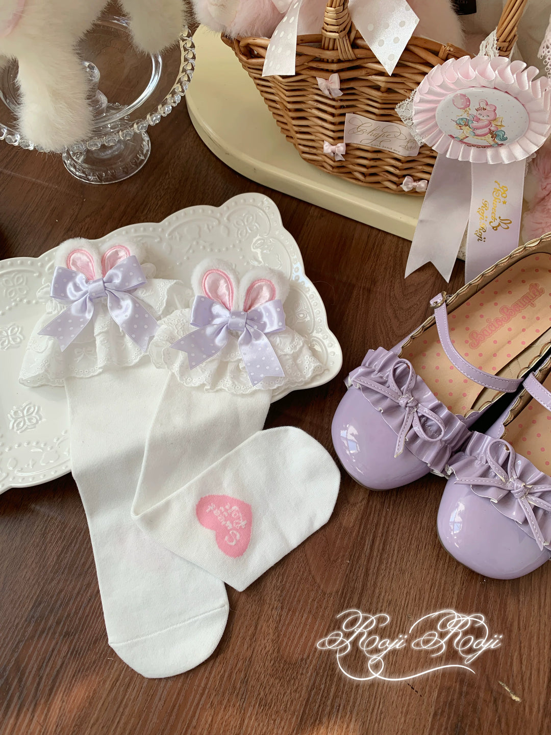 Sweet Lolita Mid-Calf Cotton Socks, Bunny Ears, Polka Dots 44712:819618