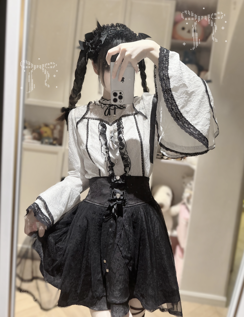 Jirai Kei Lace Blouse and Jacquard Skirt, Hime Sleeves (L M XL) 43943:792452