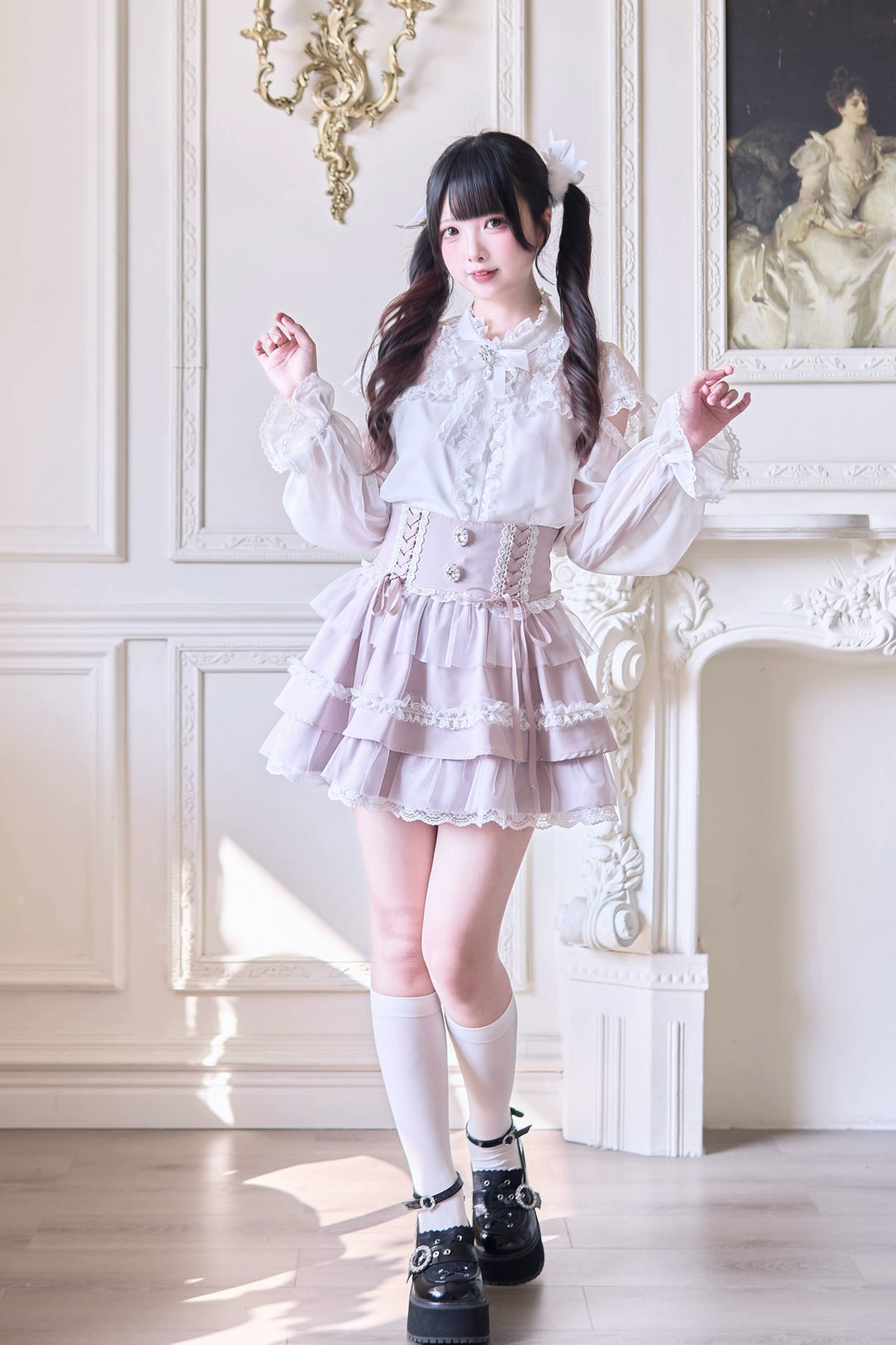 Jirai Kei Ruffle Tiered Skirt with Lace and Bows Multicolor 42894:758578