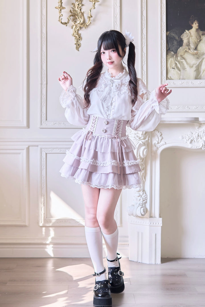 Jirai Kei Ruffle Tiered Skirt with Lace and Bows Multicolor 42894:758578