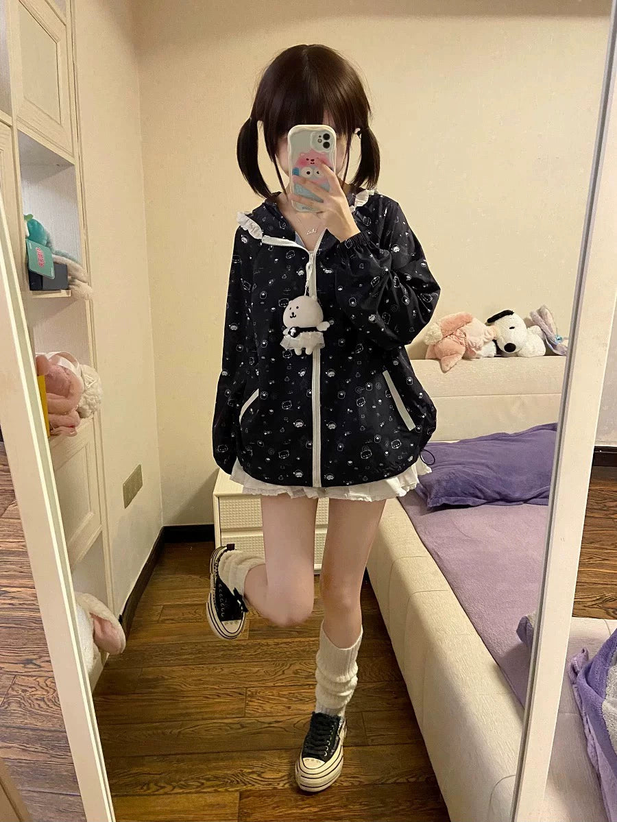 Kawaii Hooded Sunscreen Jacket with Cat Ears & Animal Prints 42905:759058