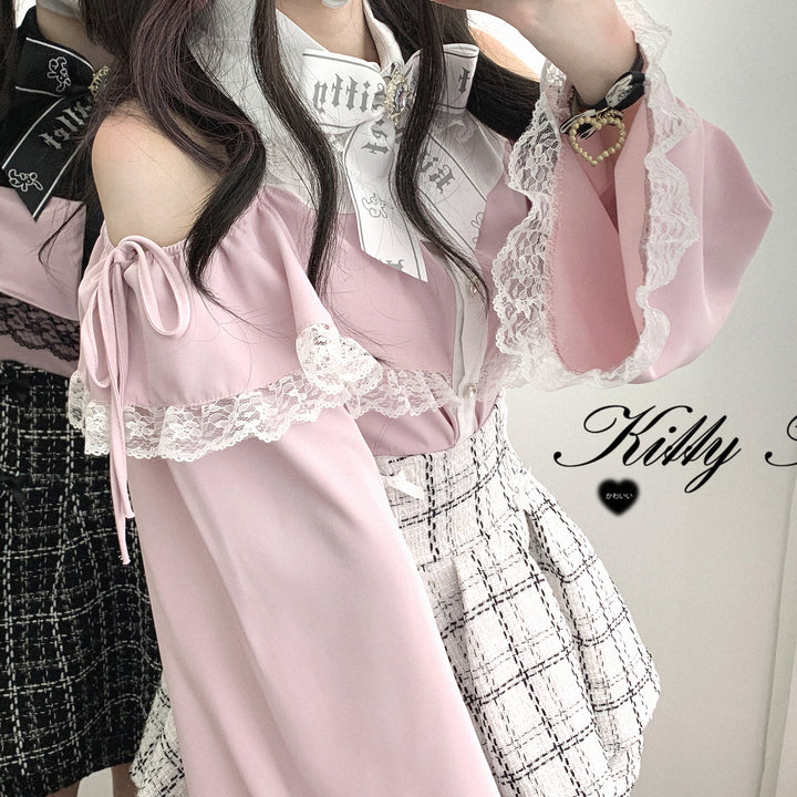 Open Shoulder Jirai Kei Blouse with Lace Trim & Princess Sleeves 42618:747009