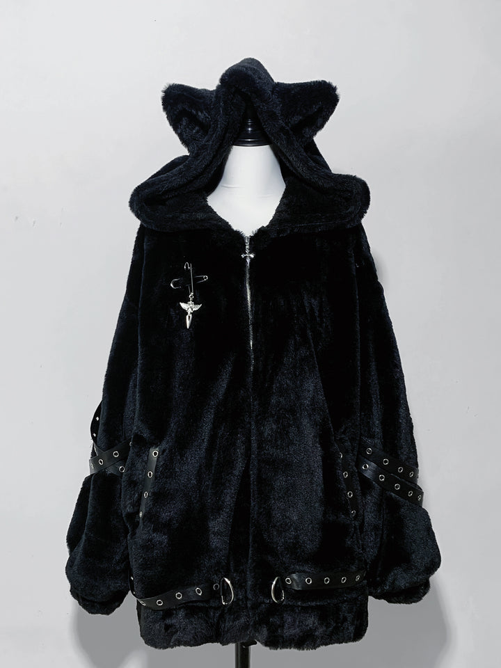 Subculture Oversized Plush Coat, Cat Ear Hood (Black) 43938:791932