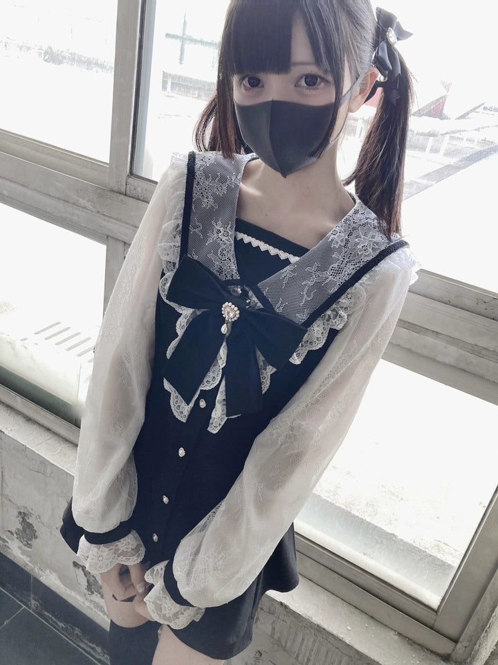 Jirai Kei Set Up Lace Sleeve Sailor Collar Dress Shorts 37650:567932