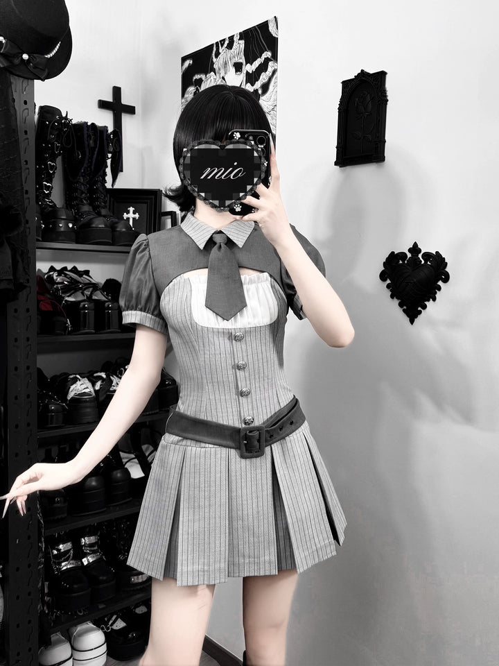 Jirai Kei Gray Striped Faux Two-Piece Dress, Mini Tie 44808:829287