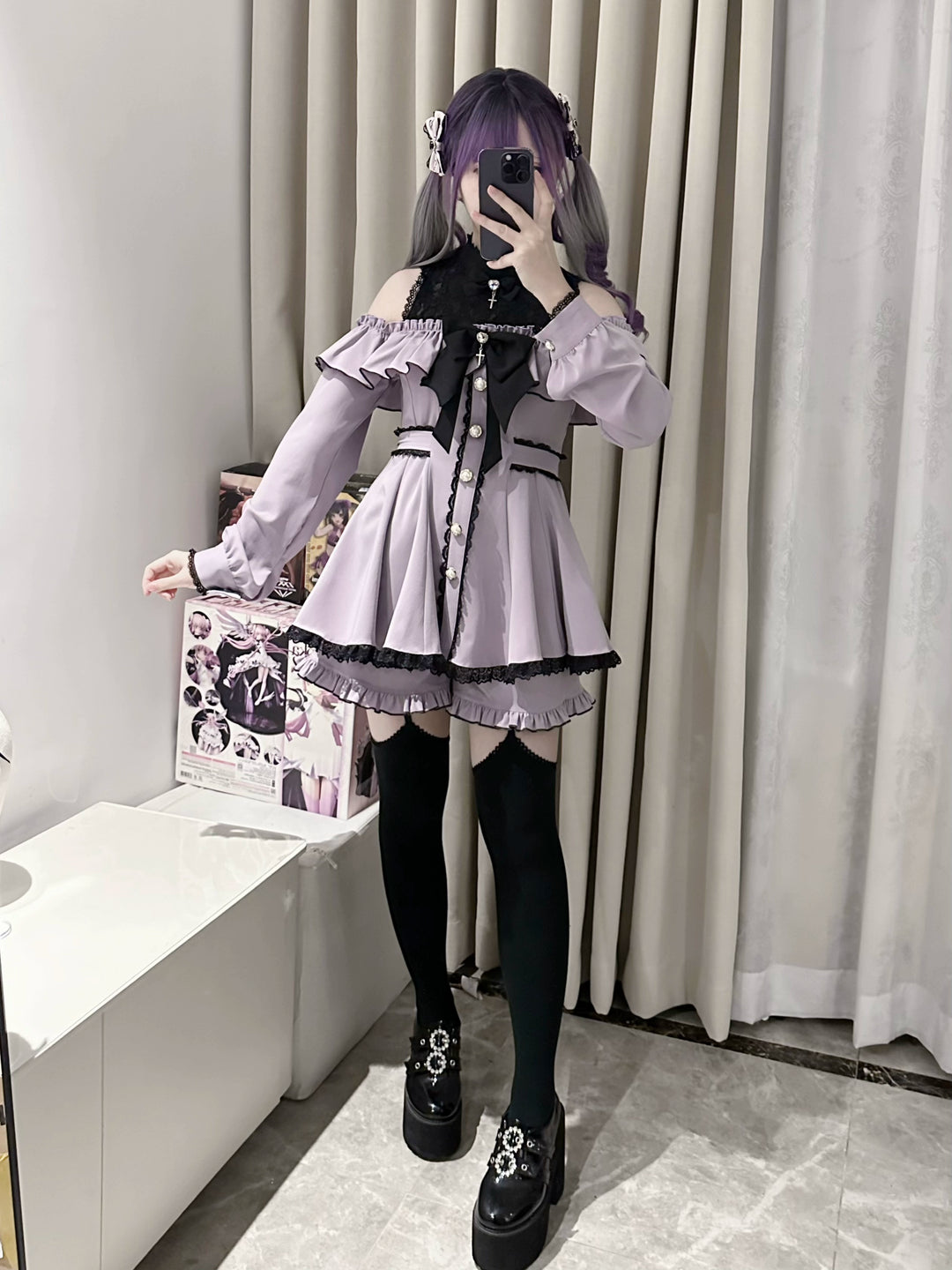 Jirai Kei Dress Set, Open-Shoulder Dress, Lace Patchwork 41552:703504
