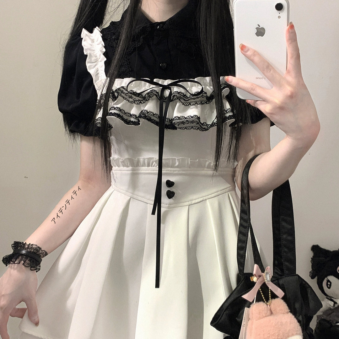 Jirai Kei Blouse Sweet Lace Collar Shirt Short Sleeve 35376:526542 35376:526542
