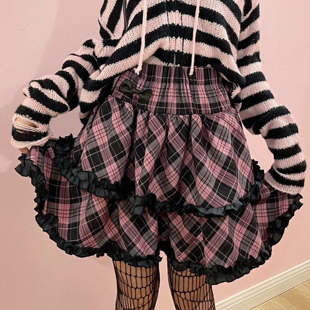 Punk Plaid Skirt Pink Blue Skirt Bow Layered Ruffle Skirt (L M) 33818:445920 (L M) 33818:445920
