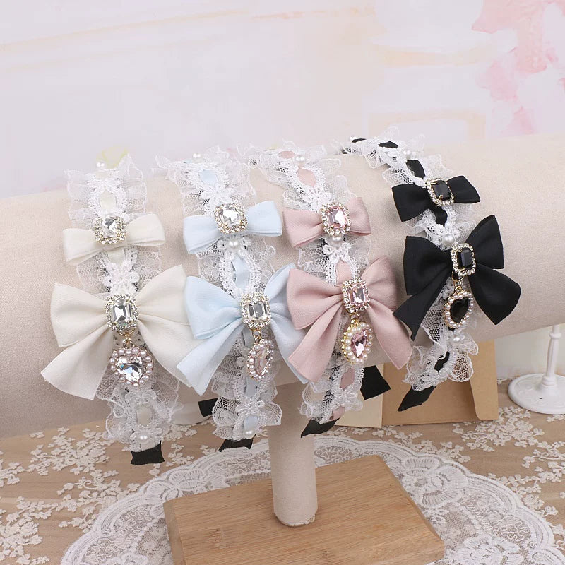 Jirai Kei Lace & Ribbon Headband, Heart-Shaped Rhinestone 45076:837727