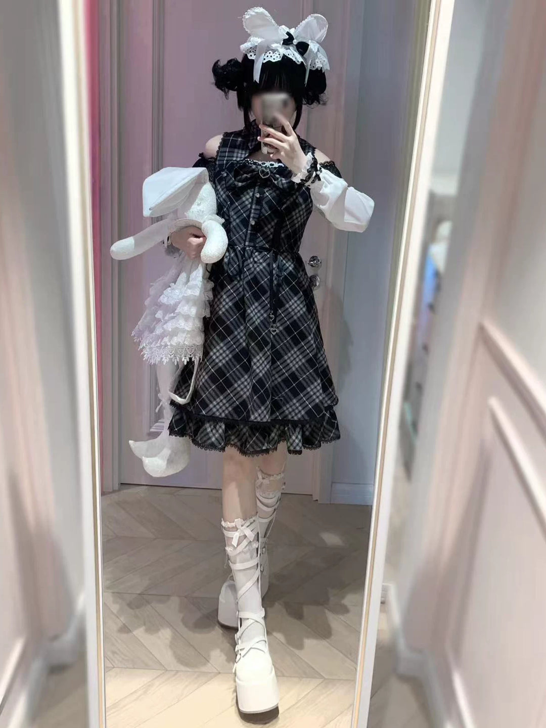 Jirai Kei Plaid Open-Shoulder Dress, Long Sleeves 46111:875335
