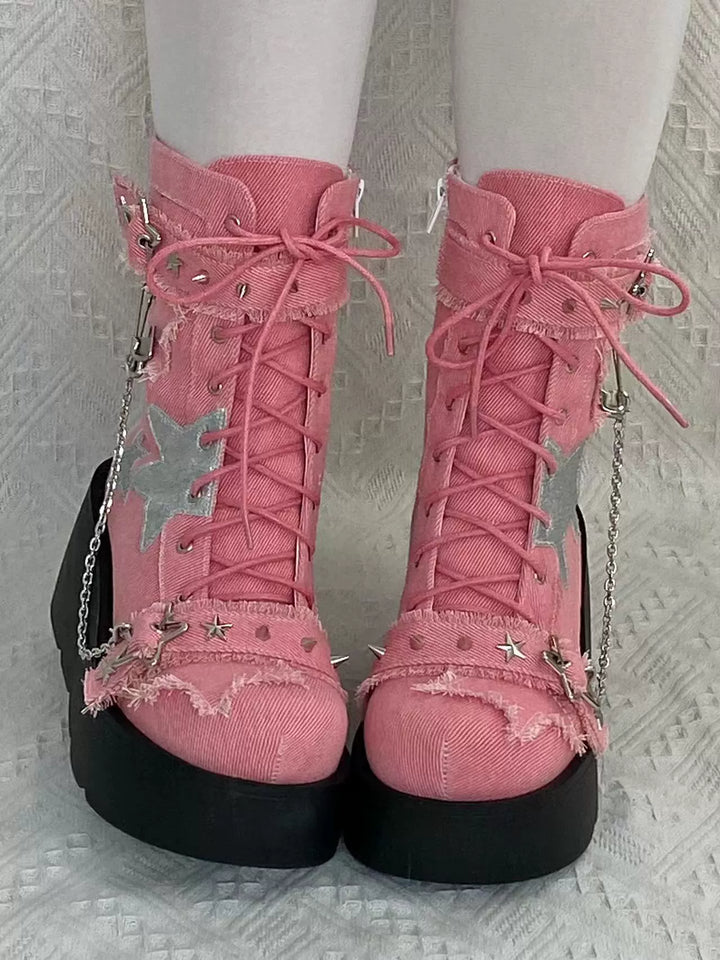 Y2K Platform Shoes Gyaru Fashion Boots Canvas Combat Boots 35060:487946