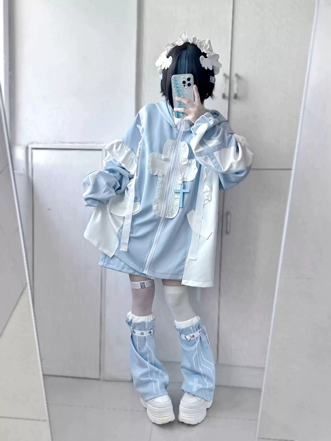 Tenshi Kaiwai Full Set Flounced Blue Cat Ears Coat & Shorts Set 39094:615446