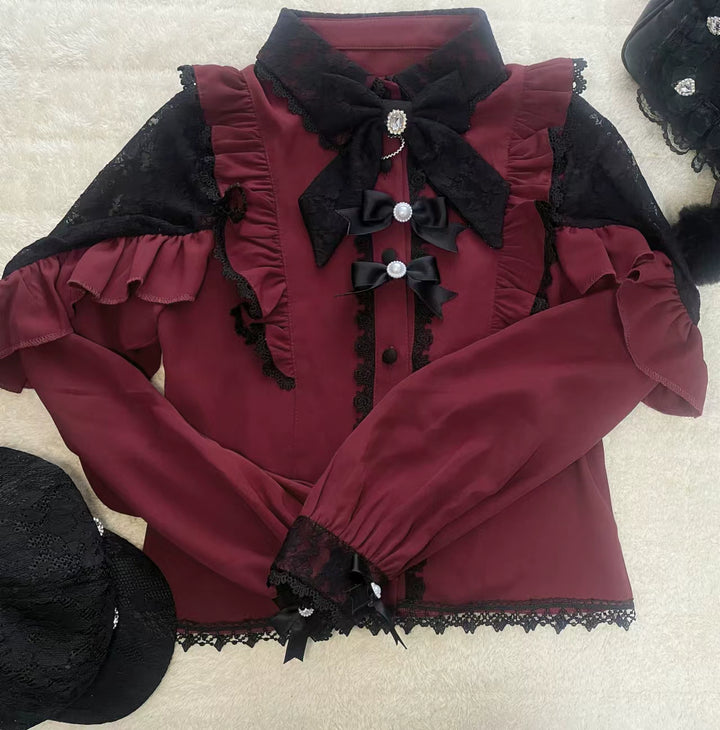 Lace Cut-Out Jirai Kei Blouse + Black Long High-Waist Lace-Up Skirt (2XL L M S XL) 41720:711562