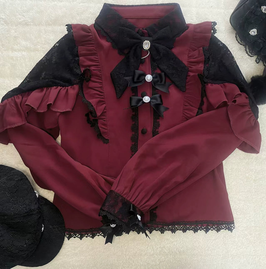 Lace Cut-Out Jirai Kei Blouse + Black Long High-Waist Lace-Up Skirt 41720:711554