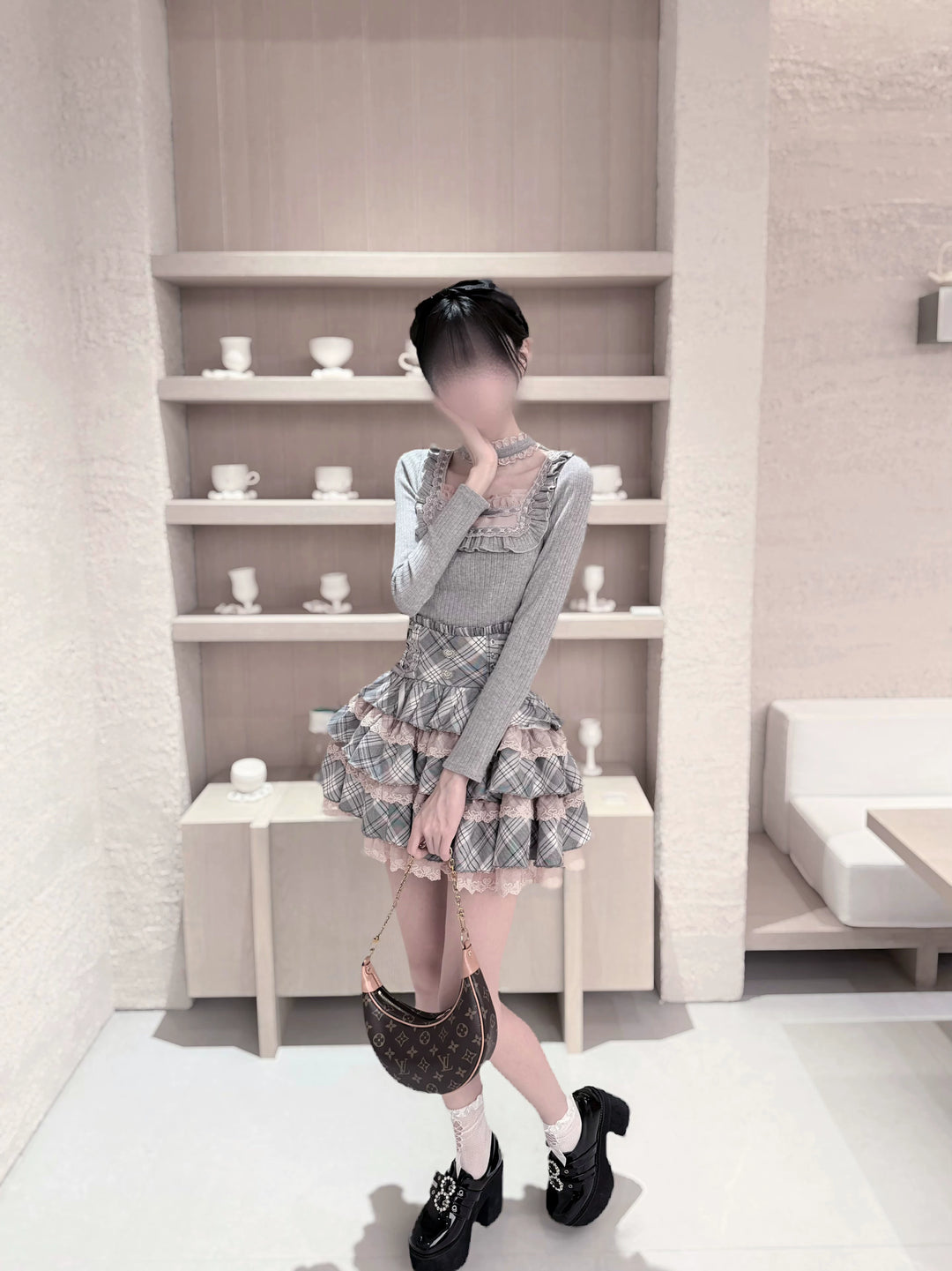 Seiso Kei Grey Pink Knit Sweater & High Waist Skirt Set 45990:871754