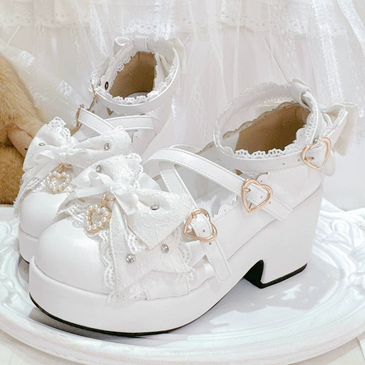 Jirai Kei Platform Shoes, Lace Bow Details, Chunky Heel (35 36 37 38 39 40 41) 43445:778191