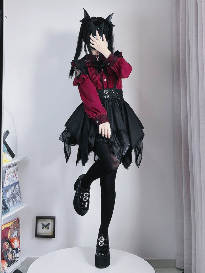 Jirai Kei Blouse Lace Bat Collar Burgundy And Black Shirt 39630:633400