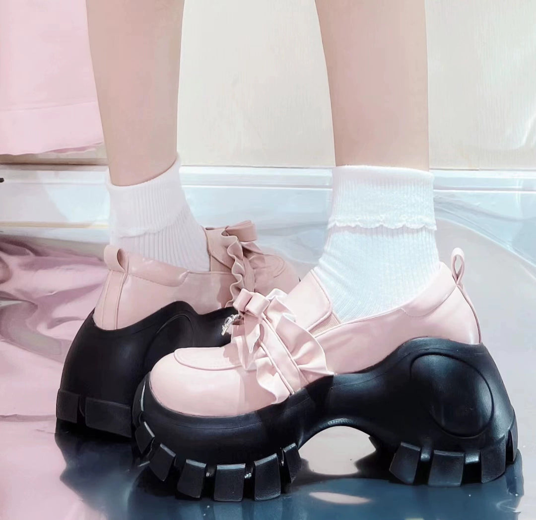 JK Uniform Pink Black Platform Shoes With Bow Ties 21892:331960