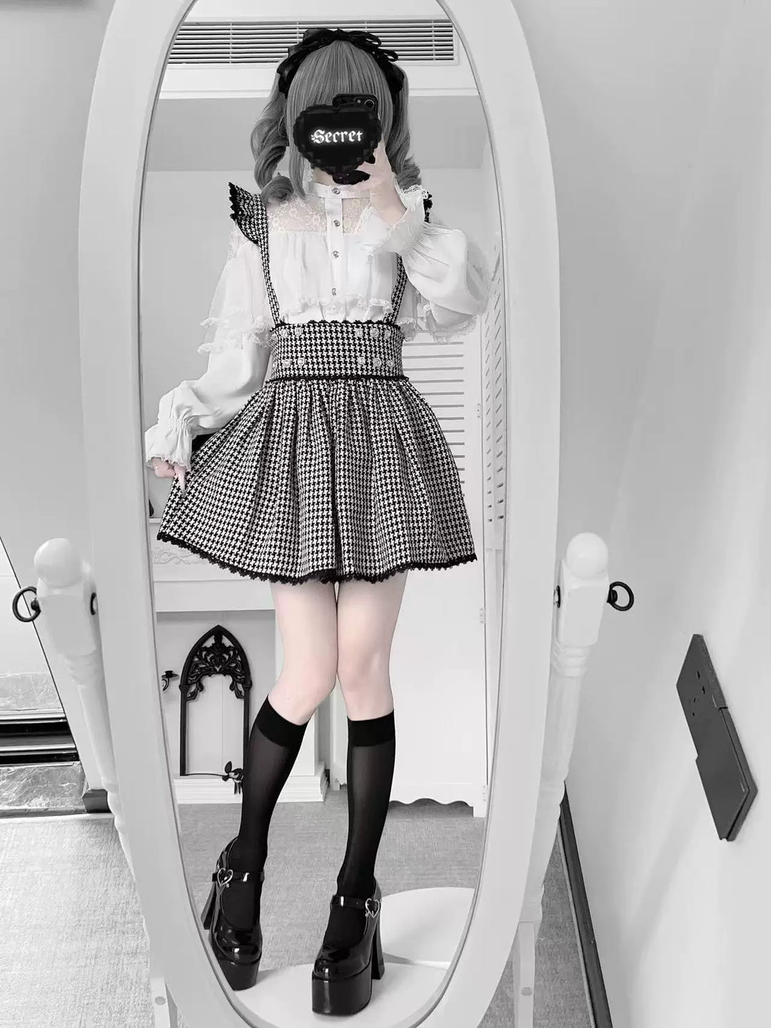Jirai Kei Sheer Lace Shirt, Houndstooth Suspender Skirt 44894:827654