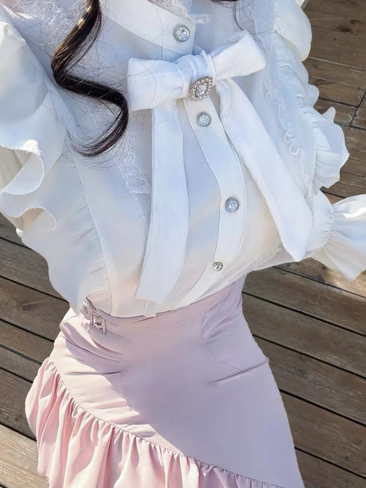 Elegant White Blouse and Pink Mermaid Skirt Set 44511:810986