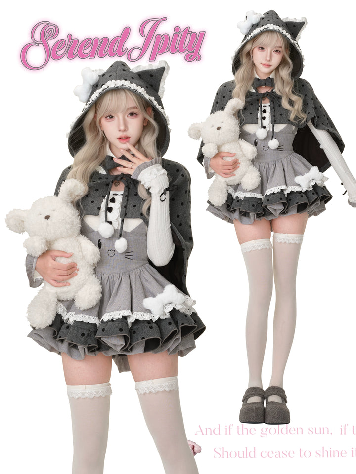 Kawaii Outfit Set, Knit Top, Suspender Skirt and Cape 44083:796610