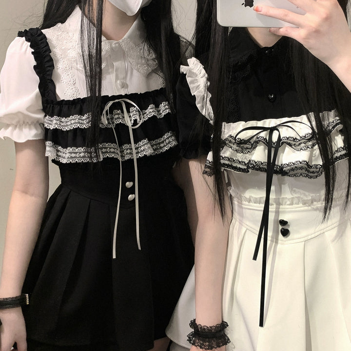 Jirai Kei Blouse Sweet Lace Collar Shirt Short Sleeve 35376:526538 35376:526538