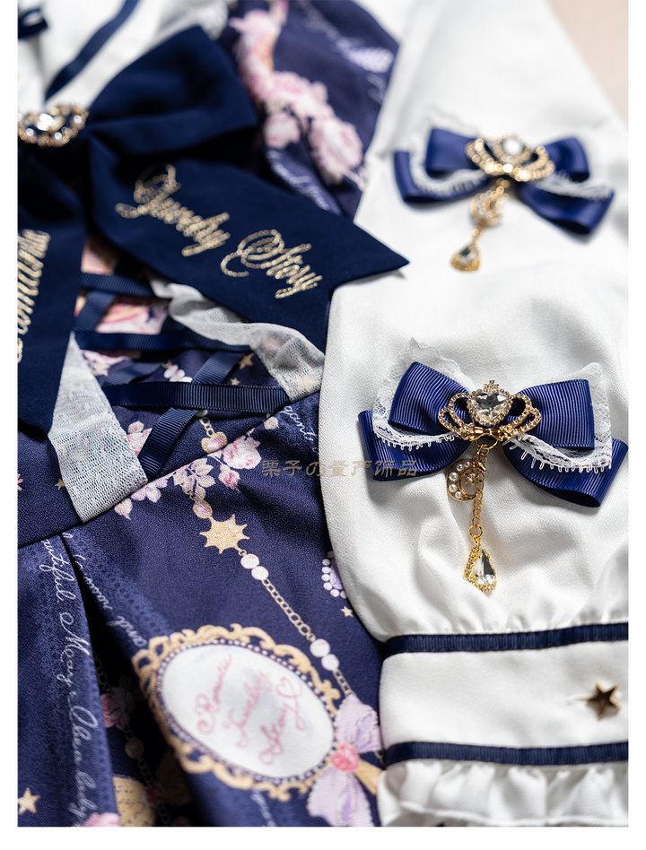 Jirai Kei Bow Hair Clips, Rhinestone Crown and Pearl Chain 44194:802730
