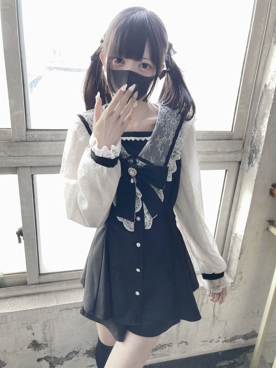 Jirai Kei Set Up Lace Sleeve Sailor Collar Dress Shorts 37650:567944