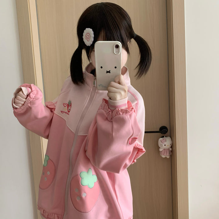 Kawaii Pink Coat and Shorts Set with Strawberry Embroidery 42703:751175