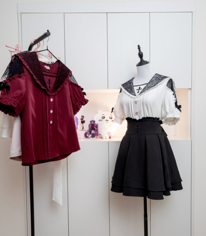 Sailor Collar Jirai Kei Blouse, High Waist Skirt, Embroidered Cross 37118:552558