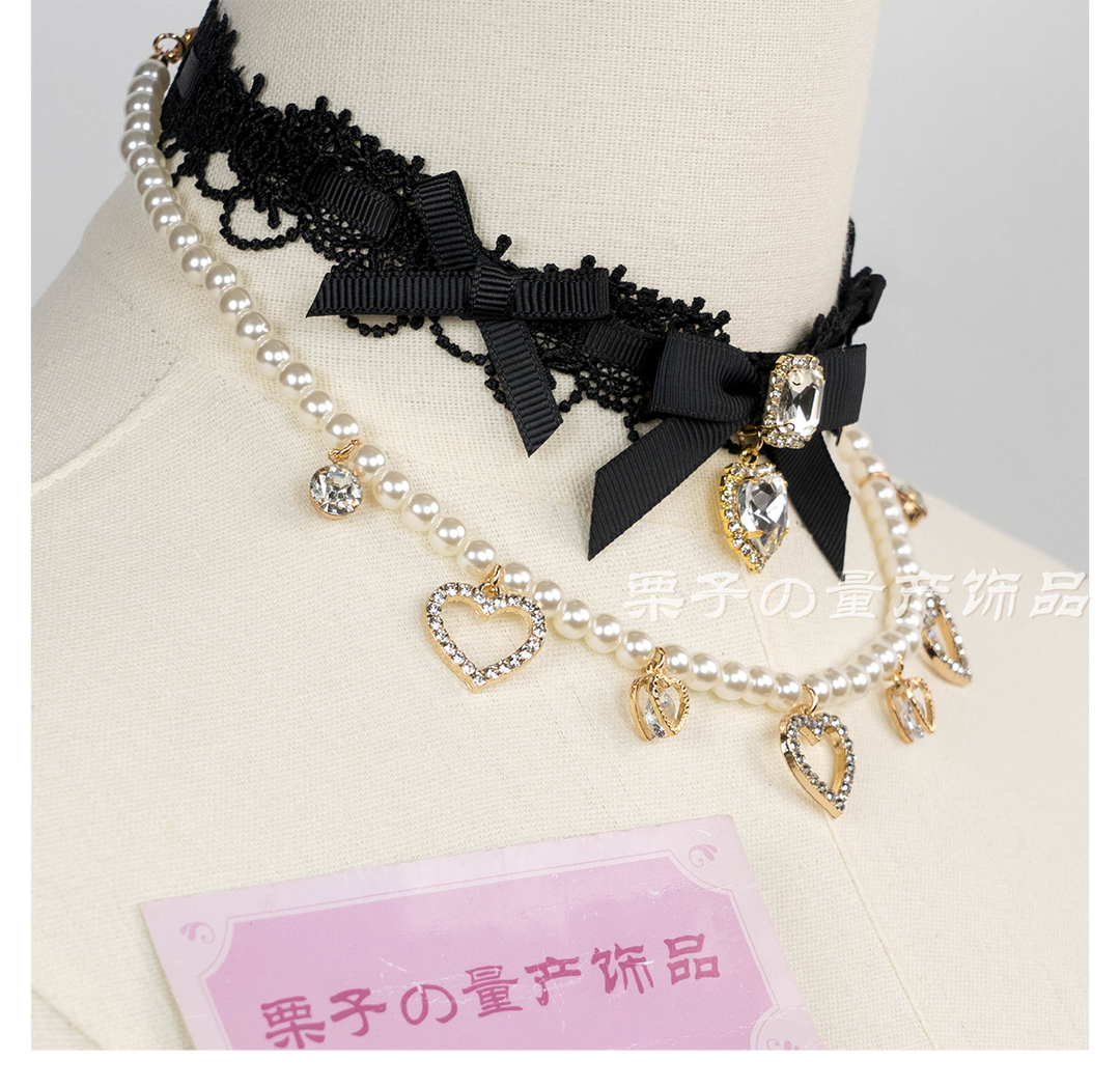 Jirai Kei Lace Choker, Detachable Faux Pearl Necklace 44010:793202