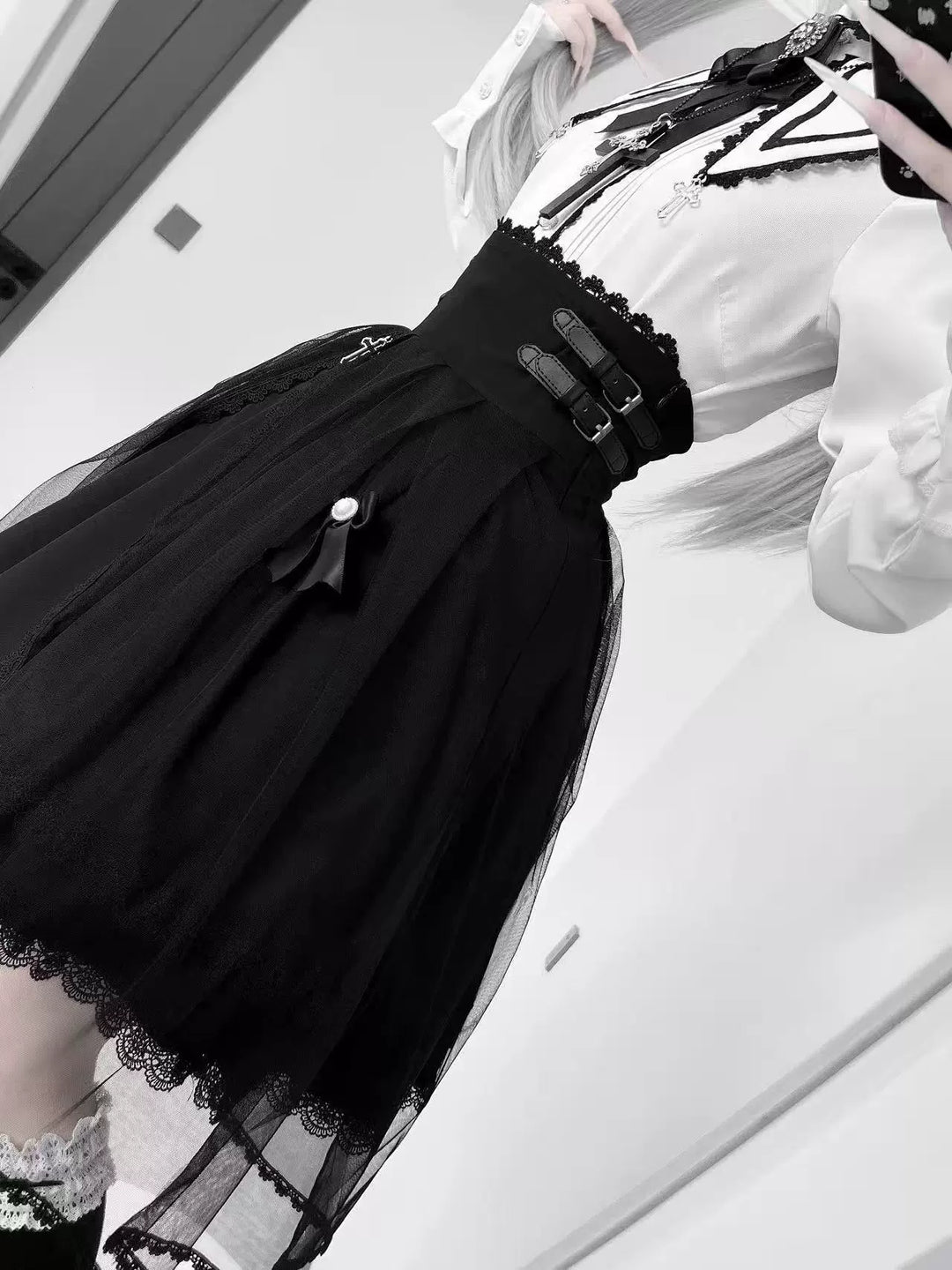 Jirai Kei Pointed Collar Blouse, Black High-Waist Skirt 44216:804930
