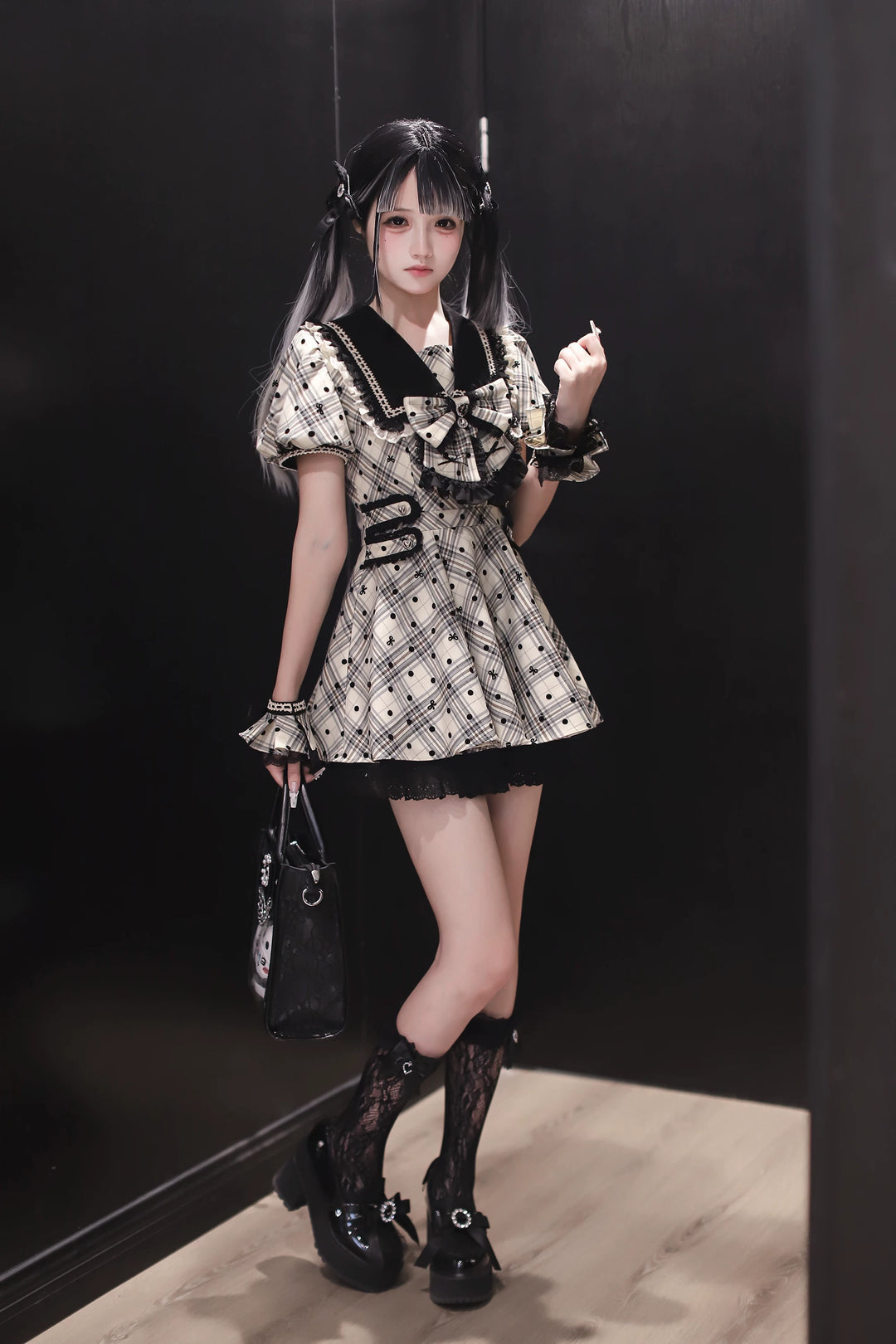 Cotton Lining Jirai Kei Dress, Plaid & Polka Dot Style 44924:829893