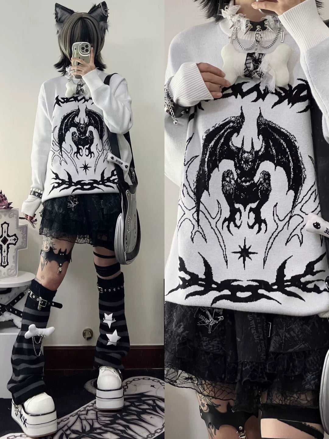 Punk Sweater White Bat Embroidered Sweater 39788:640184