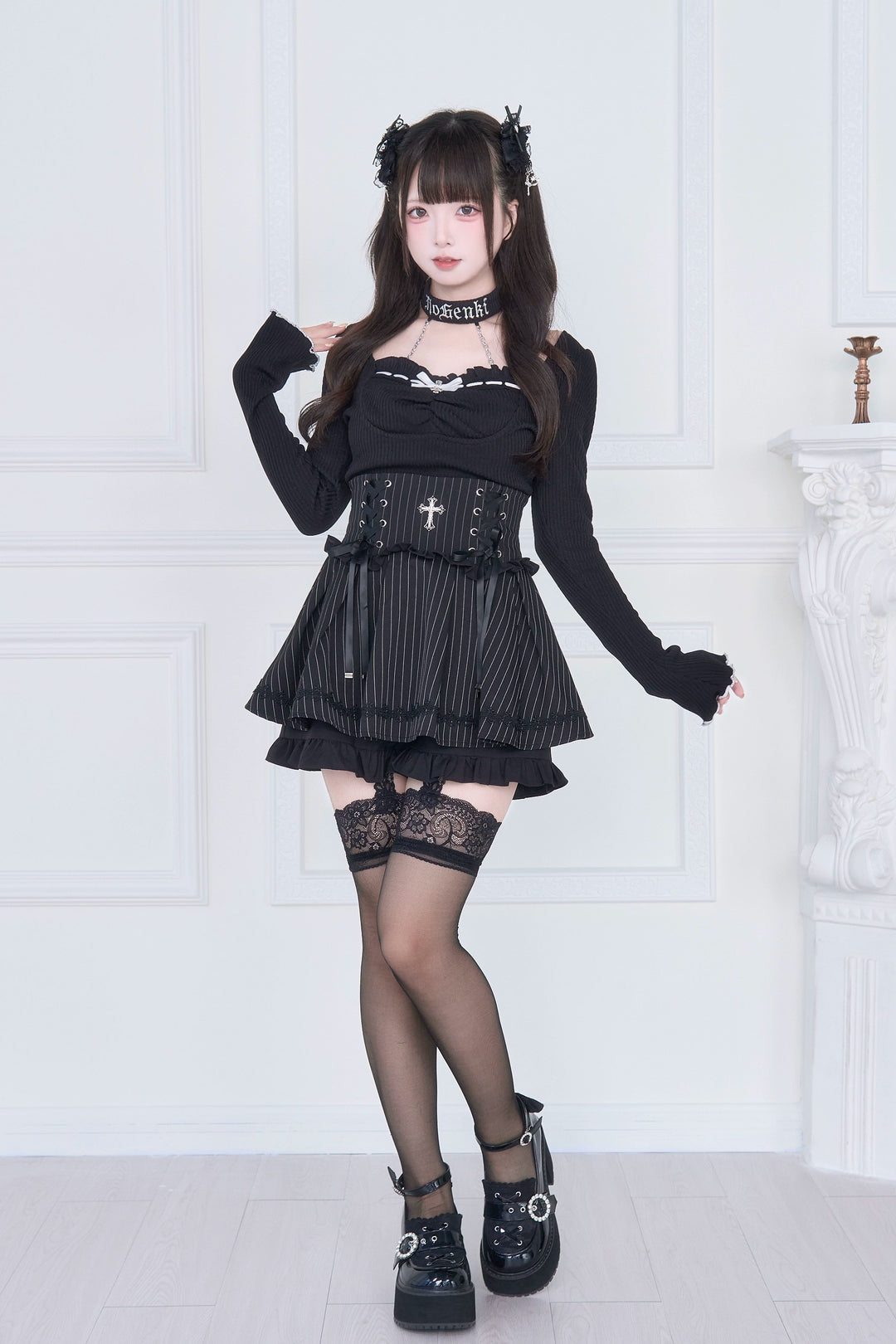 Halter Neck Jirai Kei Top, High Waist Skirt 43807:786313