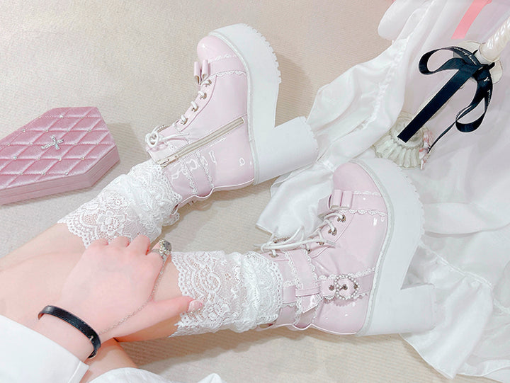 Jirai Kei Shoes Ankle Boots with Heart-shaped Pearl Buckle Detail 42651:748998