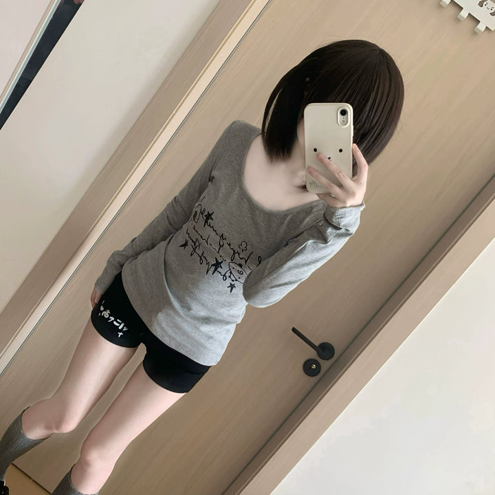 Long-Sleeved Gyaru Style Shirt with Otaku Graphic Print 42901:757235
