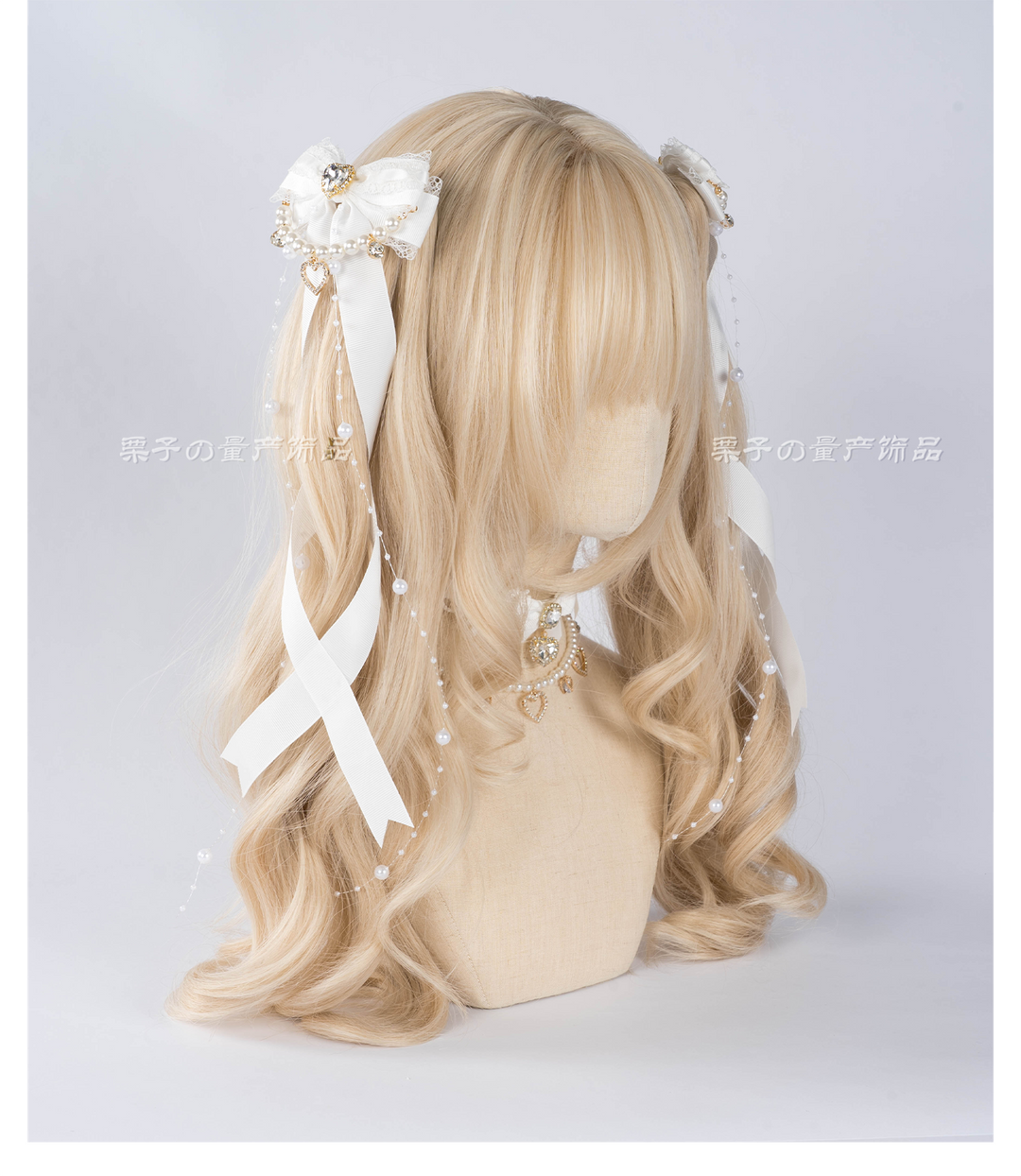 Jirai Kei Bow Hair Clip, Heart Rhinestone, Pearl Chain, Lace Trim 43501:778546