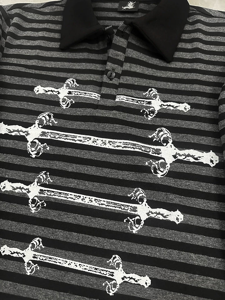 Gothic Striped Long Sleeve Polo Shirt, Carved Swords Print 46067:874778
