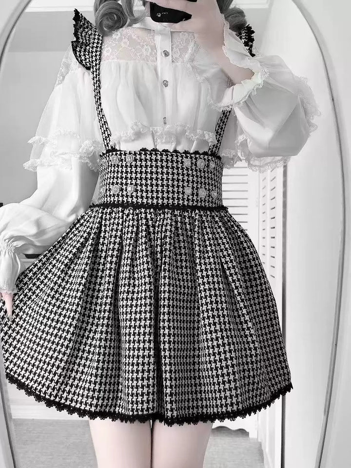 Jirai Kei Sheer Lace Shirt, Houndstooth Suspender Skirt 44894:827663