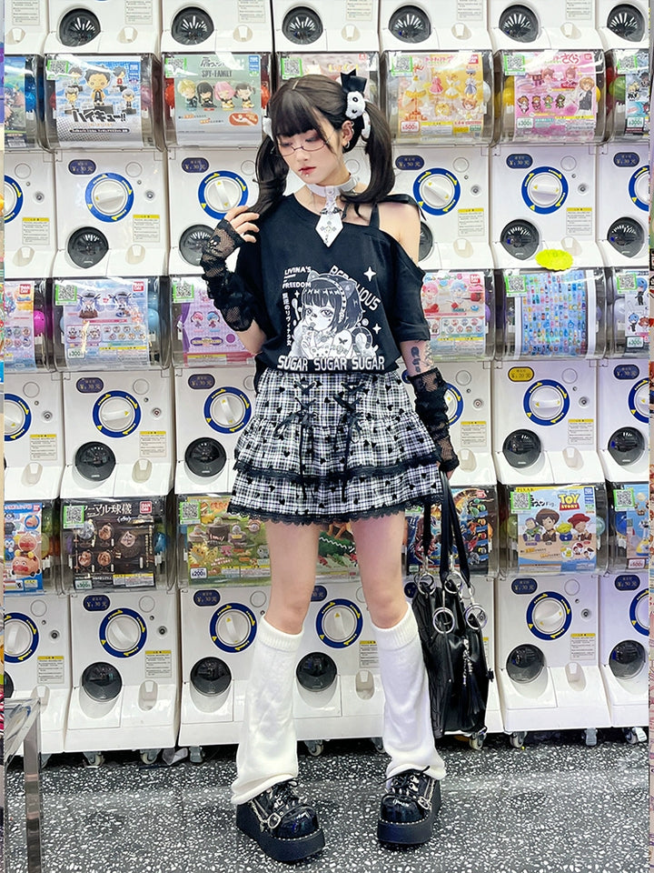 Y2K Outfits Skirt Set Open Shoulder Short Sleeve Shirt (Choker) 36122:513364