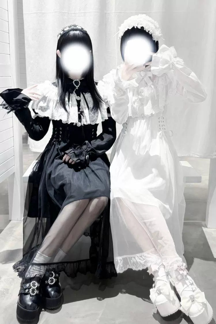 Long Jirai Kei Lace Cape Dress, Detachable Sleeves 43590:780600