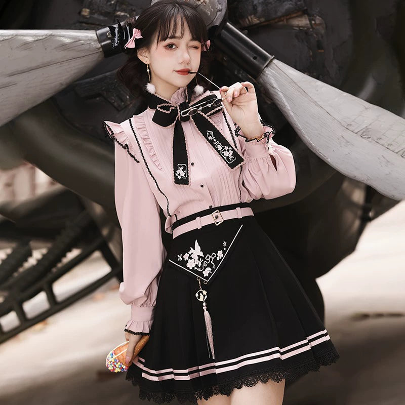 Pink Jirai Kei Blouse Black Skirt Chinese Hanfu Two-piece Set 22036:362438