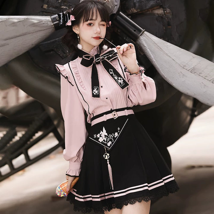Pink Jirai Kei Blouse Black Skirt Chinese Hanfu Two-piece Set 22036:362438