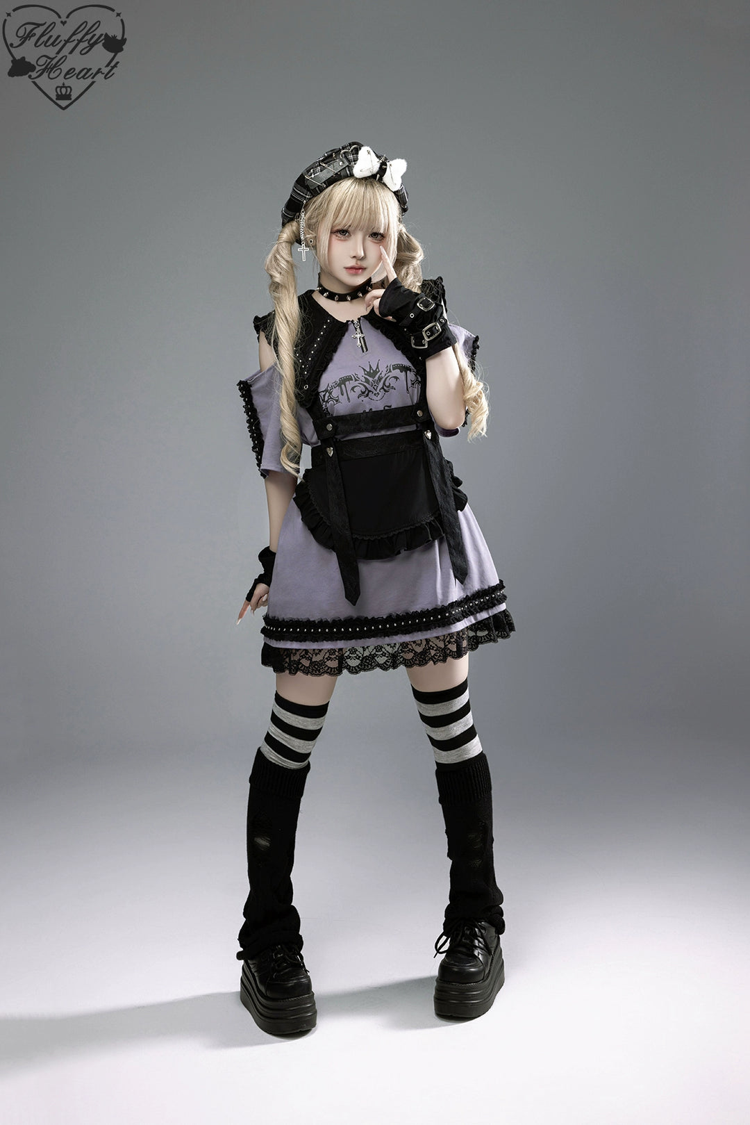 Cotton Sub Jirai Kei T-Shirt Dress, Pointed Collar, Open Shoulder 43373:774830