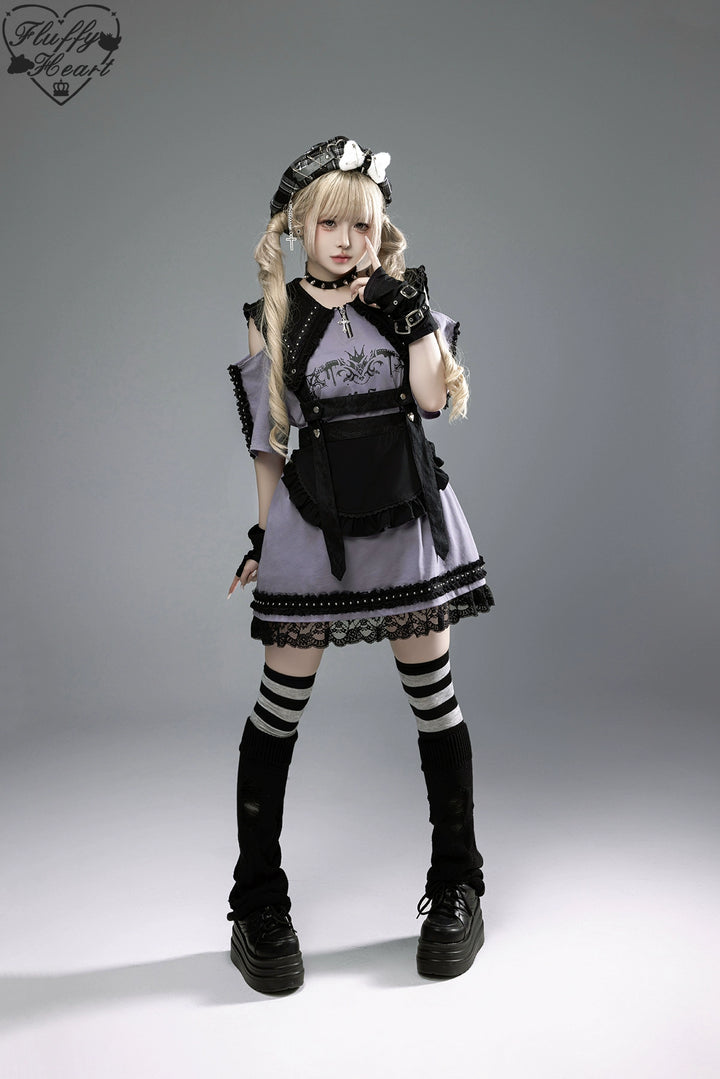 Cotton Sub Jirai Kei T-Shirt Dress, Pointed Collar, Open Shoulder 43373:774830